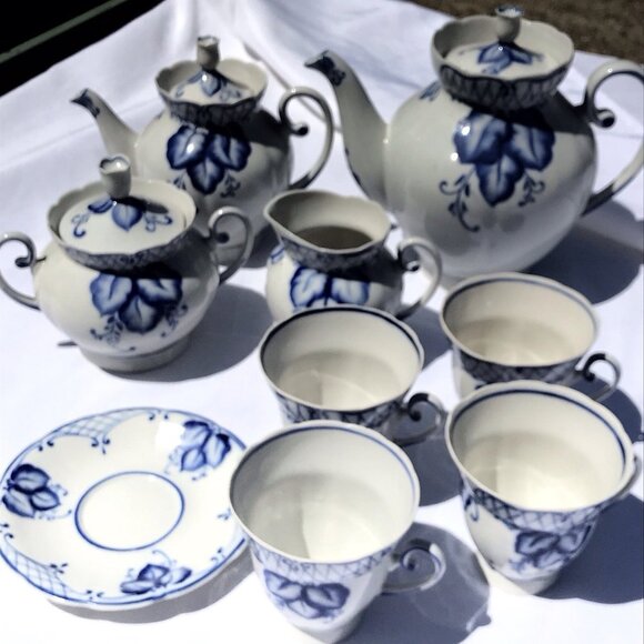 Rare Vtg Russian (USSR) Soviet Antq DULEVO Dapko Blue Floral Porcelain Tea Set - Picture 7 of 16